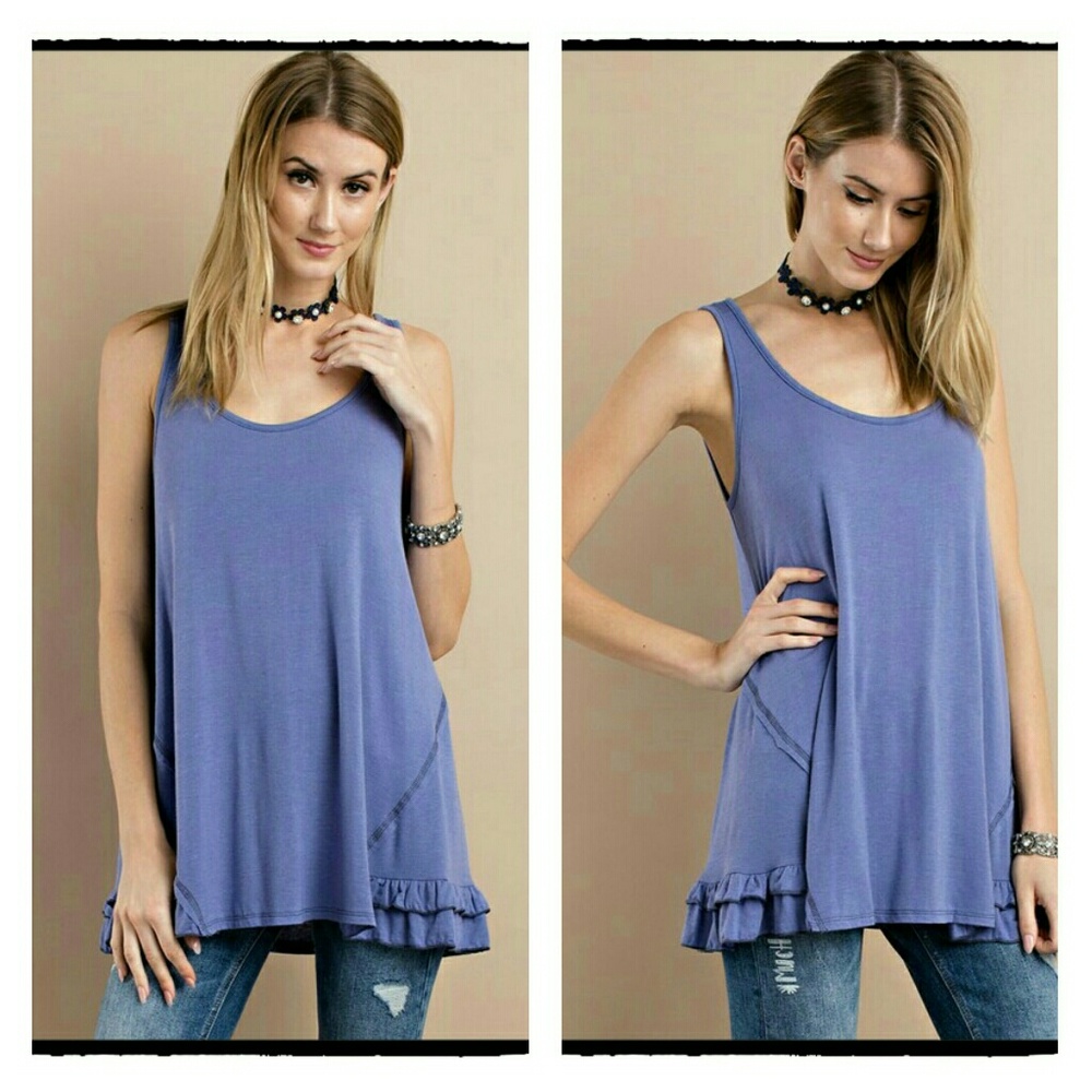 🔷 Sleeveless Side Ruffle Top - Blue - Picture 2 of 2