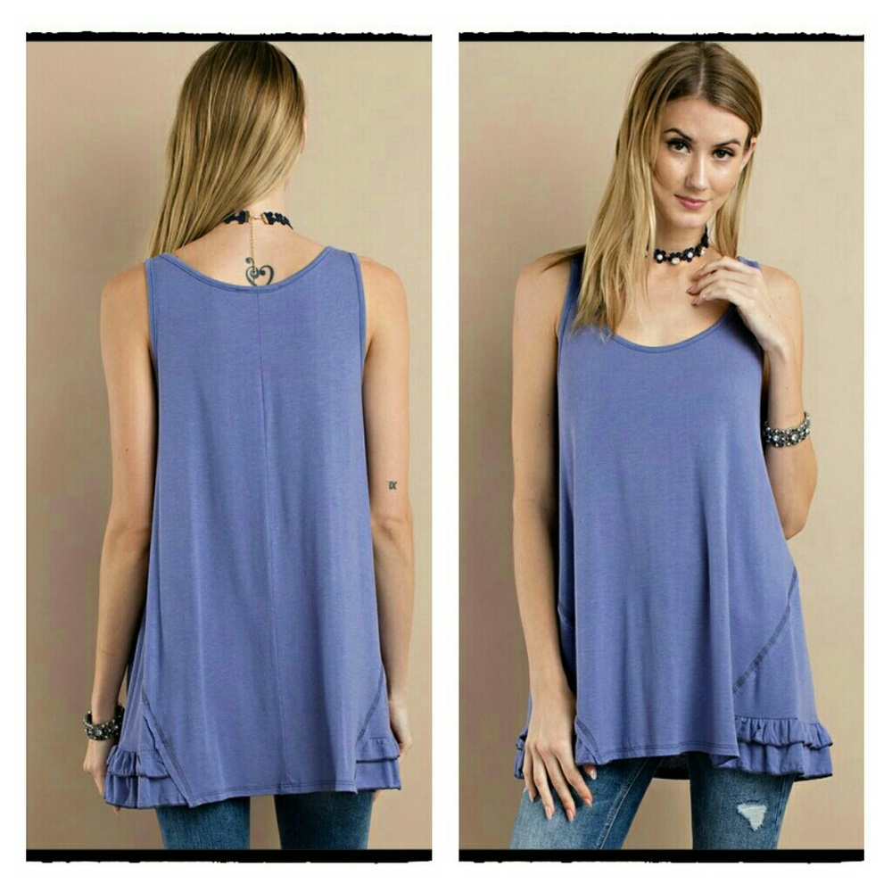 🔷 Sleeveless Side Ruffle Top - Blue