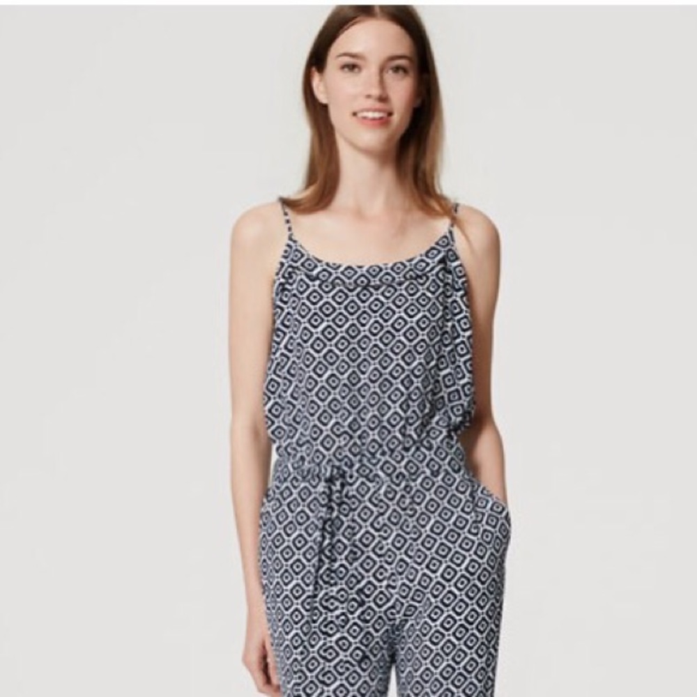 Navy blue and white print jumpsuit/romper