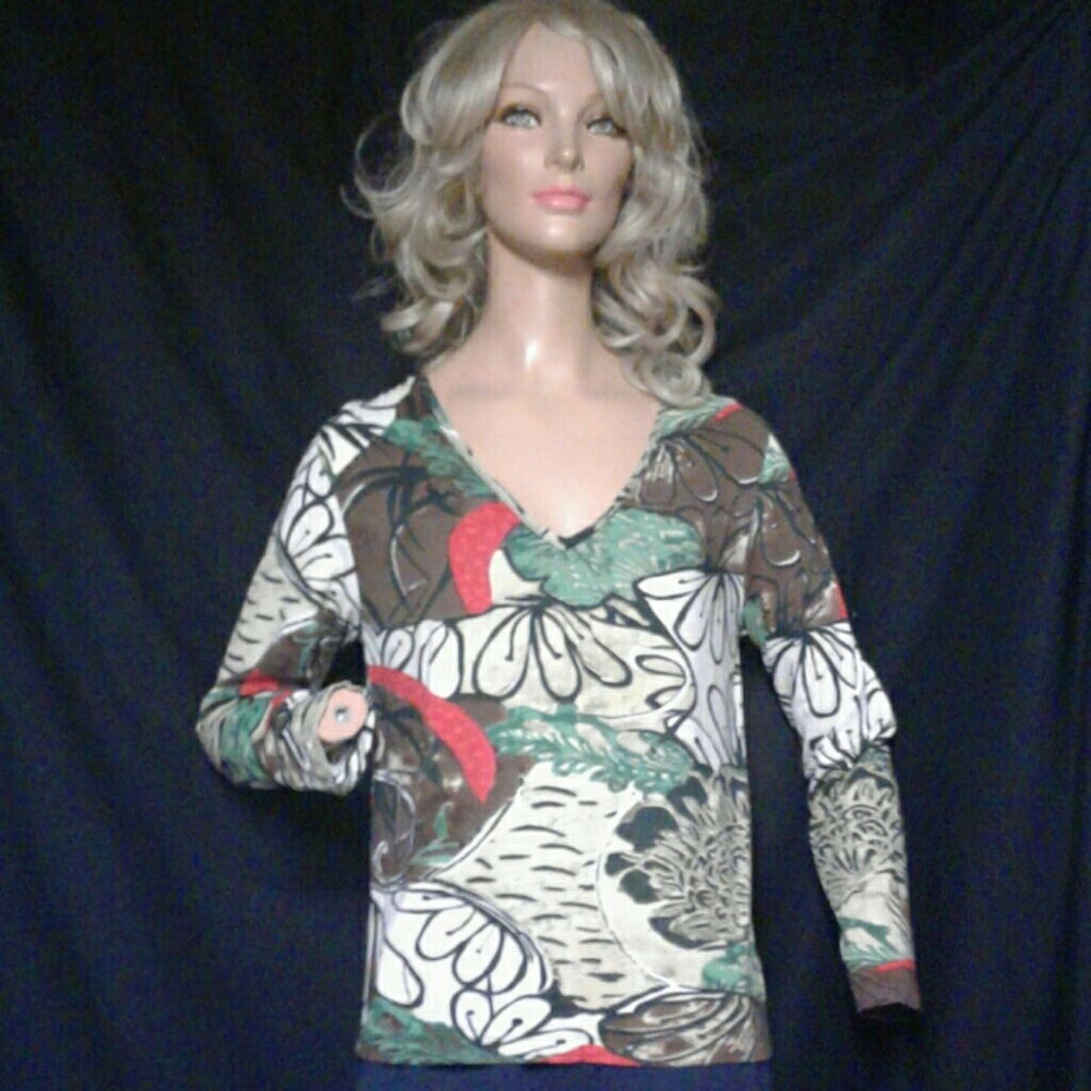 Chico's Long Sleeve Green and Brown Boho Print Top