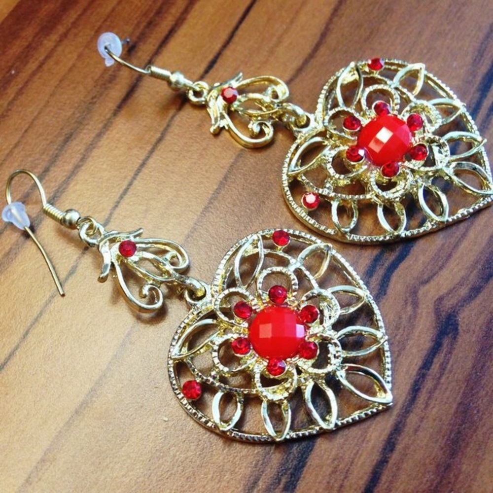 New! Red Rhinestone Filigree heart earrings