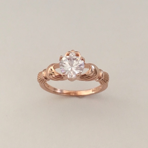 Rose Gold Plated Sterling Silver Claddagh CZ Ring, Irish Rings, Heart Ring - Picture 1 of 5