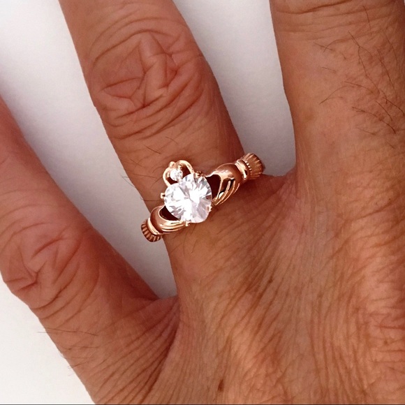 Rose Gold Plated Sterling Silver Claddagh CZ Ring, Irish Rings, Heart Ring - Picture 2 of 5