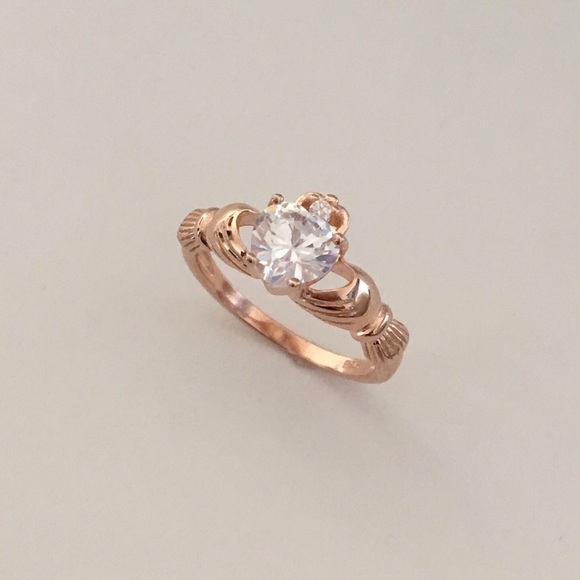 Rose Gold Plated Sterling Silver Claddagh CZ Ring, Irish Rings, Heart Ring - Picture 3 of 5