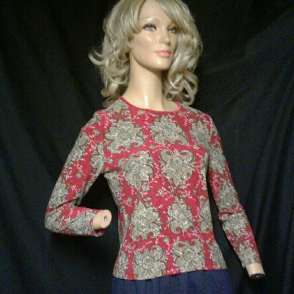 Style & Co Red Boho Print Long Sleeve Stretch Top