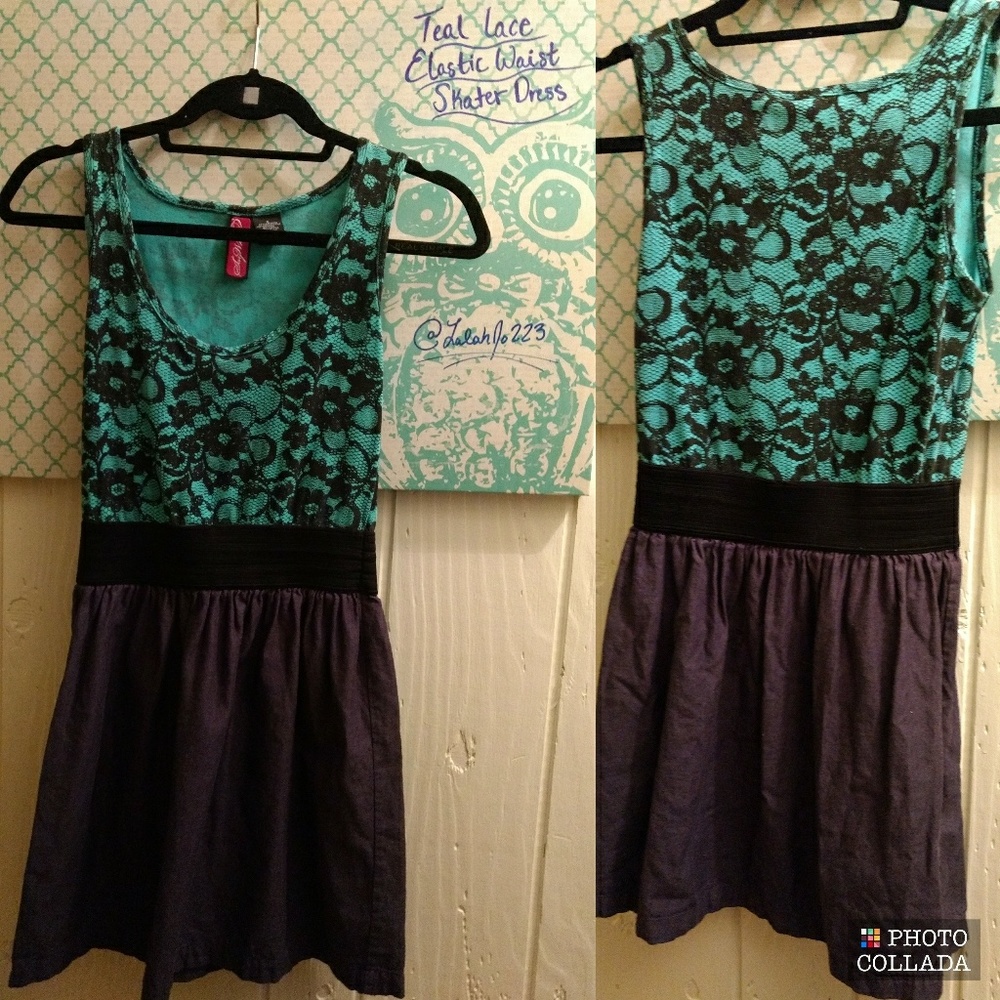 Teal lace elastic waist skater dress