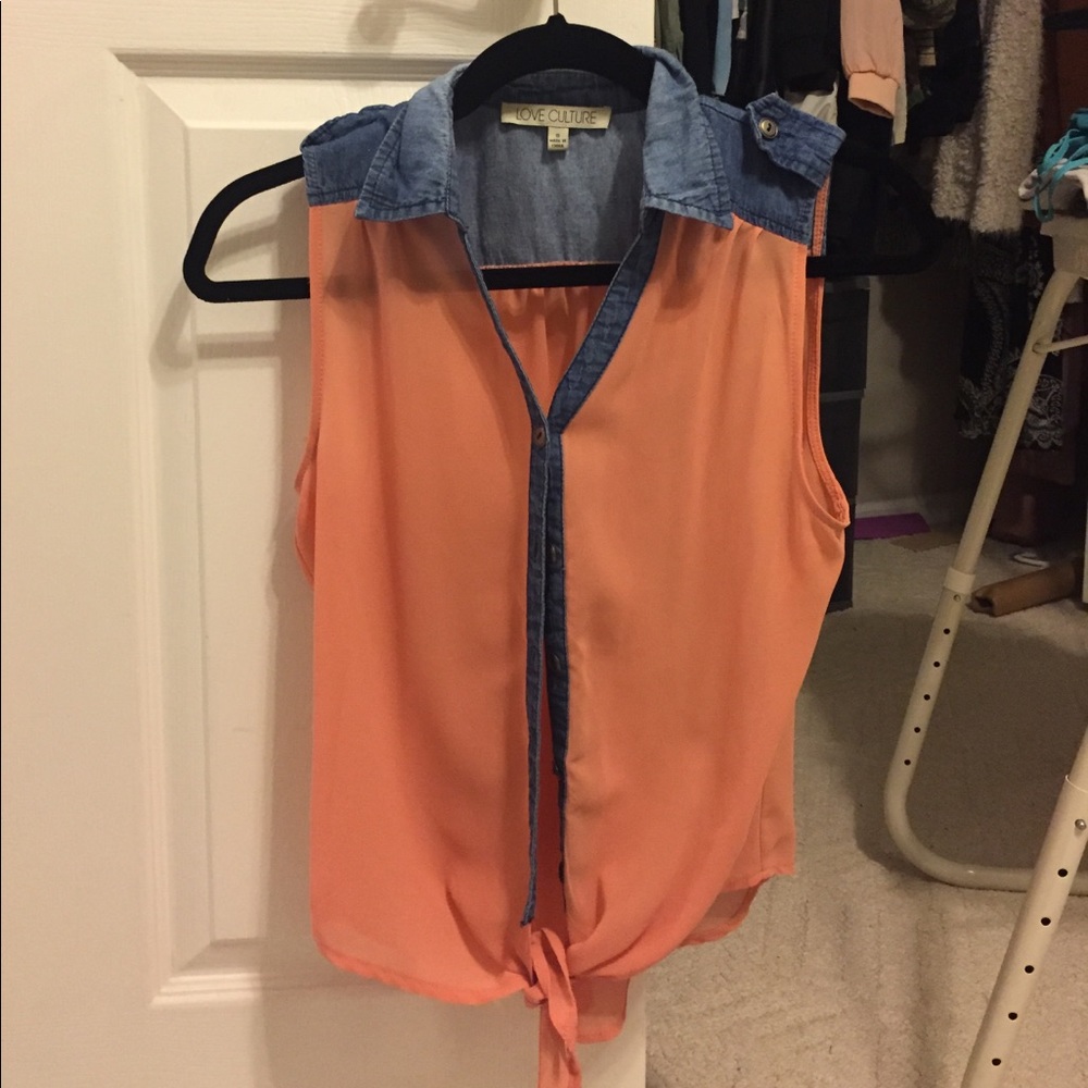 Sheer Salmon Jean Button Tank Top