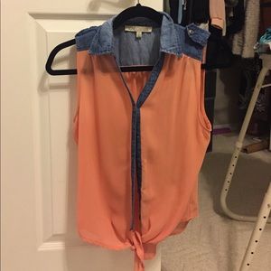 Sheer Salmon Jean Button Tank Top