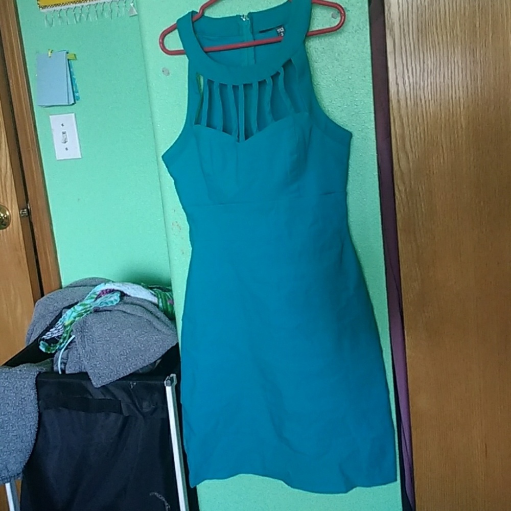 Cute fun turquiose party halter-top mini dress