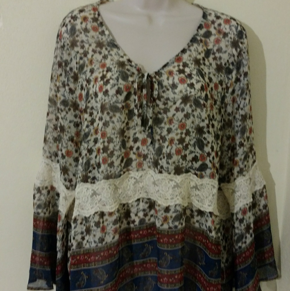 See through hint of mint bell sleeve lace shirt