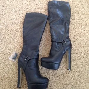 Knee high Black leather platform boots