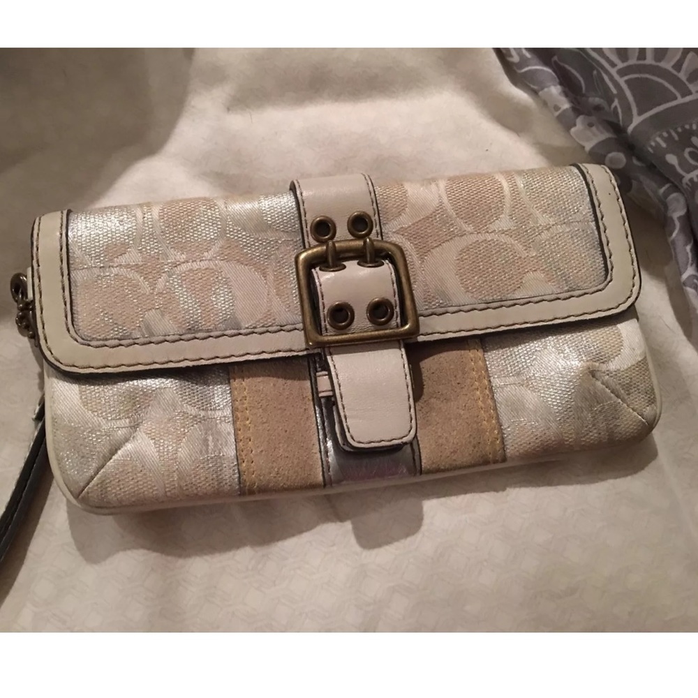 Coach silver & white wristlet