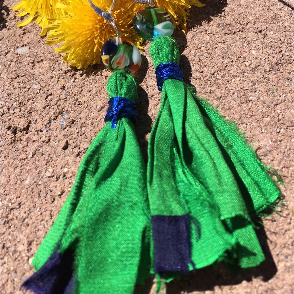 Spring green SILK tassel earrings sterling silver