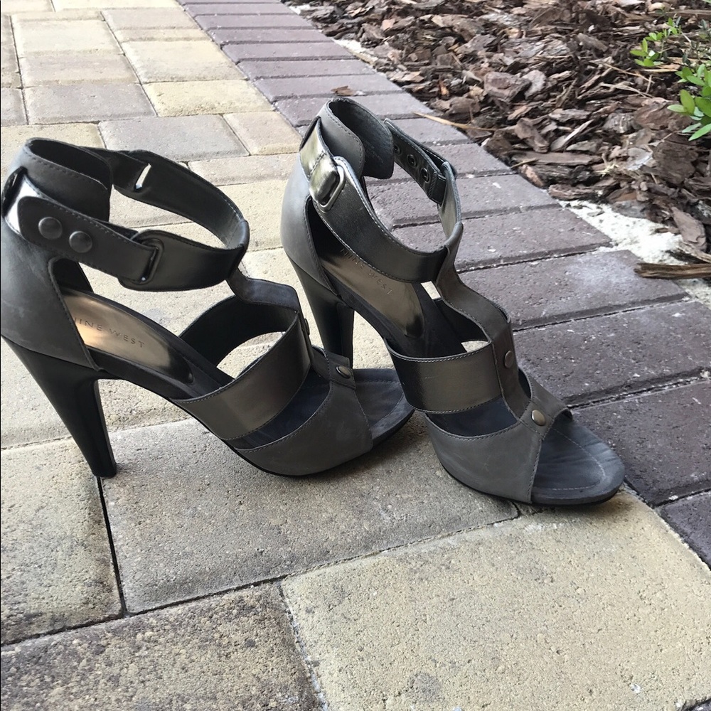 Metallic gray strappy heels