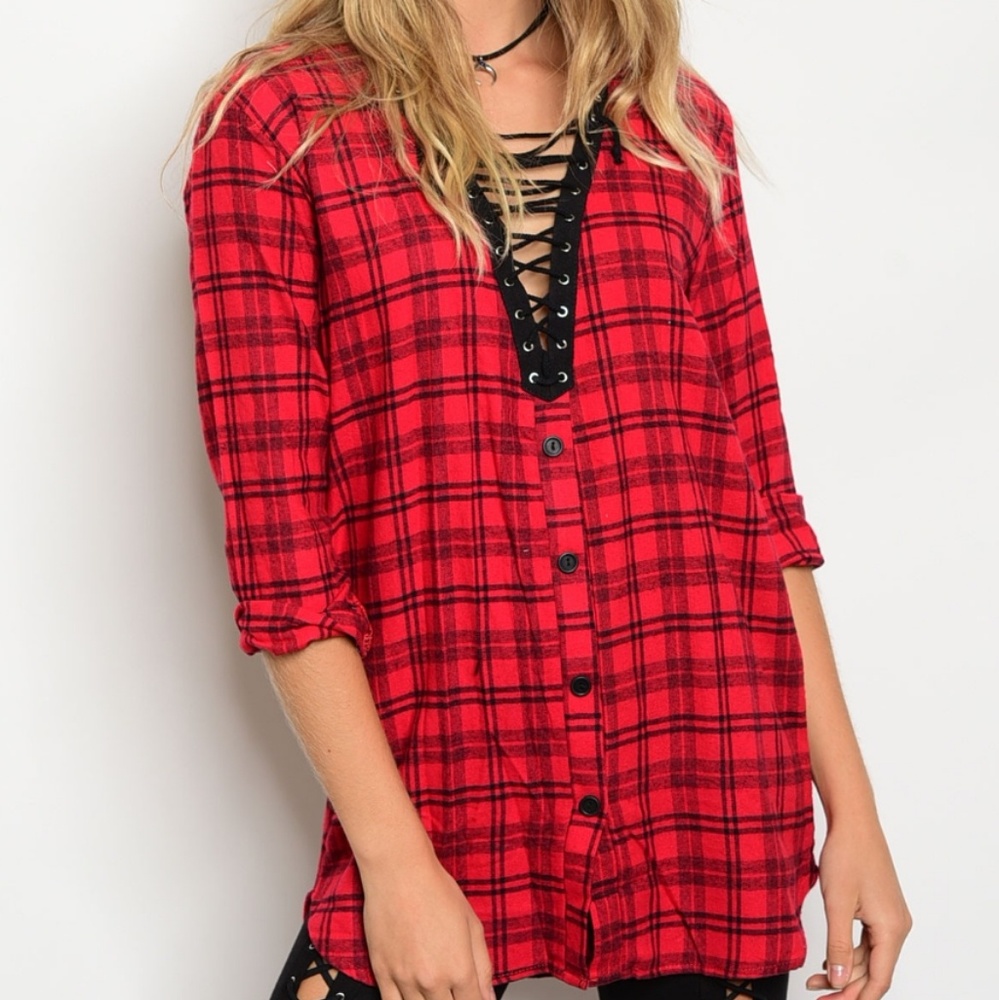Lace Up Front Flannel Tunic - Picture 3 of 7