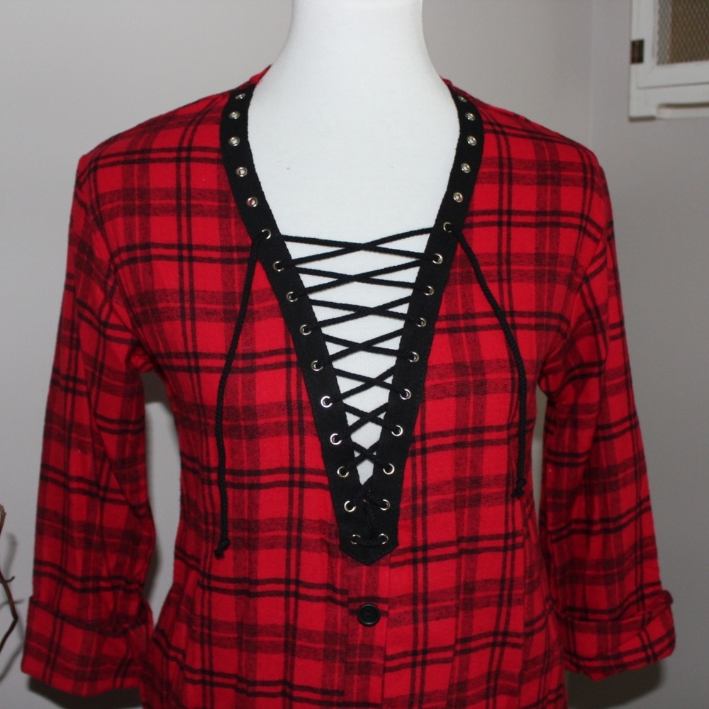 Lace Up Front Flannel Tunic - Picture 7 of 7