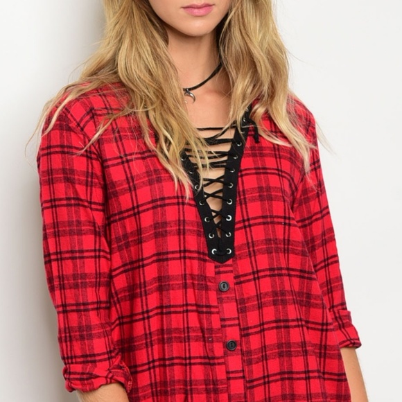 Lace Up Front Flannel Tunic - Picture 2 of 7