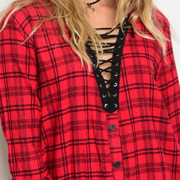 Lace Up Front Flannel Tunic - Picture 5 of 7