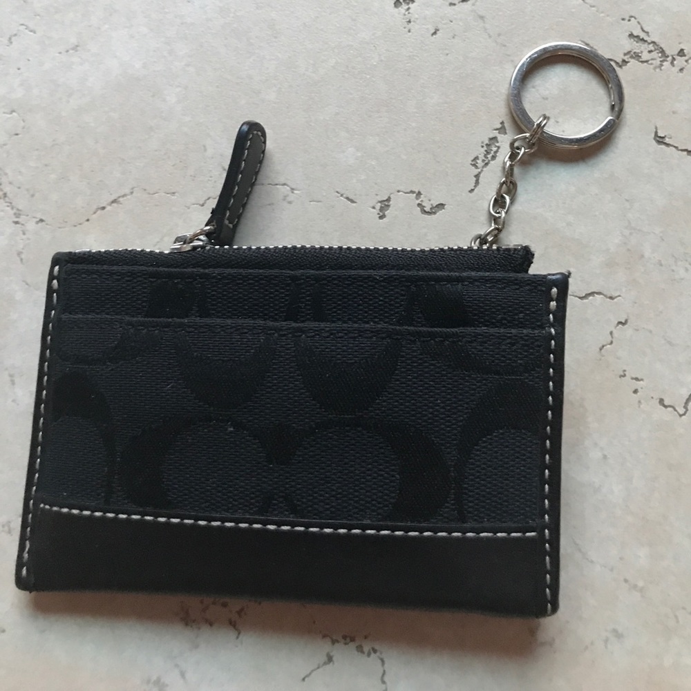 Coach fabric and leather coin pouch with key ring.