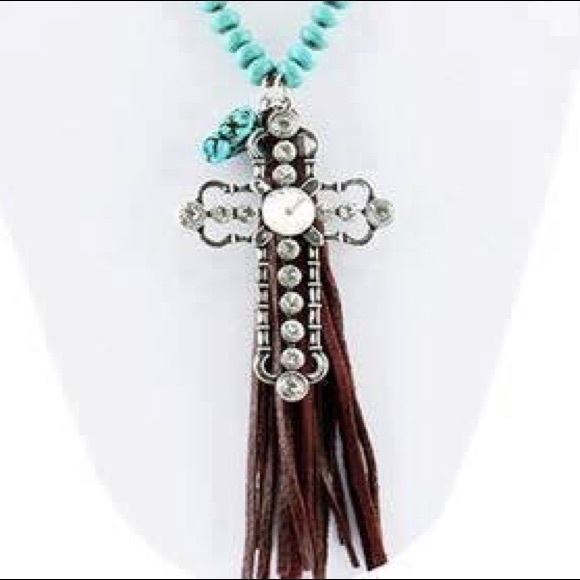 Turquoise Resin Beaded Large Cross Necklace - Picture 2 of 4