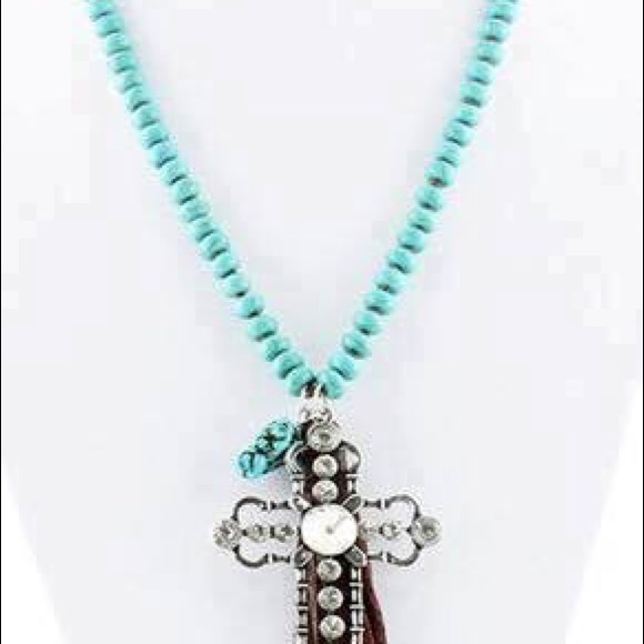 Turquoise Resin Beaded Large Cross Necklace - Picture 3 of 4