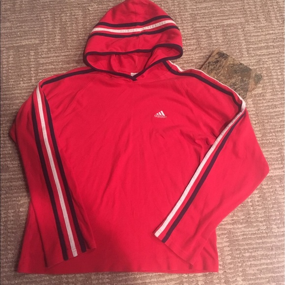 Adidas Tops | Red Hoodie Three Stripes Down Arm And Hood RED ADIDAS HOODIE WITH THREE WHITE STRIPES DOWN THE ARMS AND