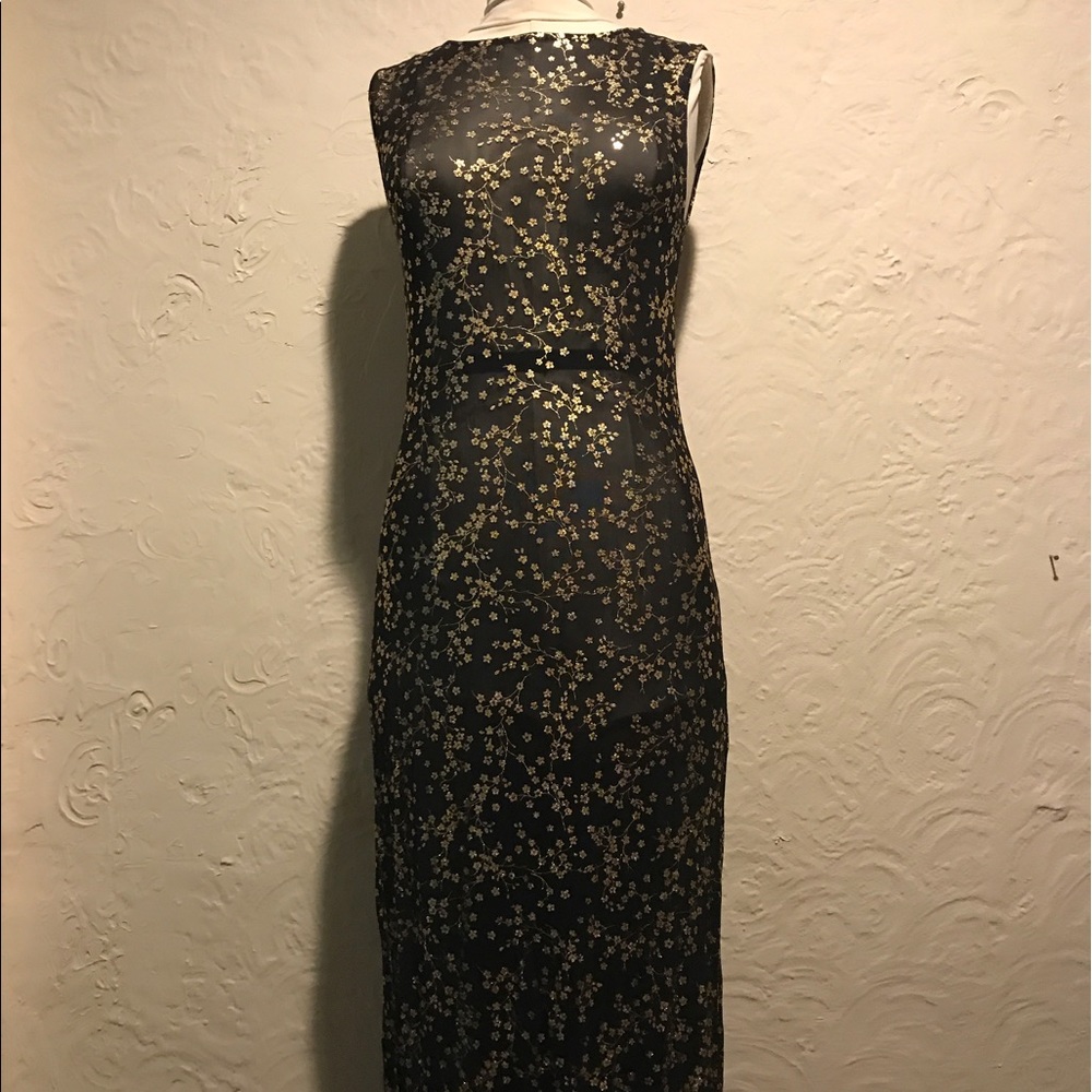 Ecote Black Mesh Dress with Gold Small Flower