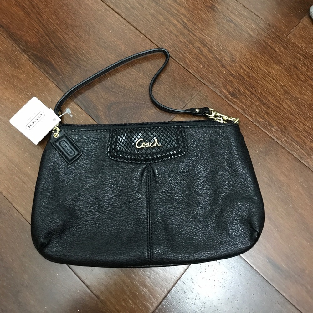 NWT Black Leather Coach Wristlet With Gold Trim