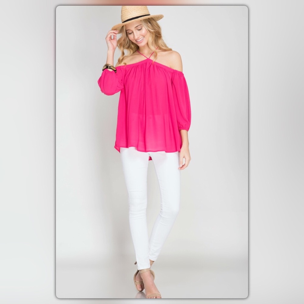 Last One (L)! Fuchsia Off the Shoulder Halter Top - Picture 2 of 4