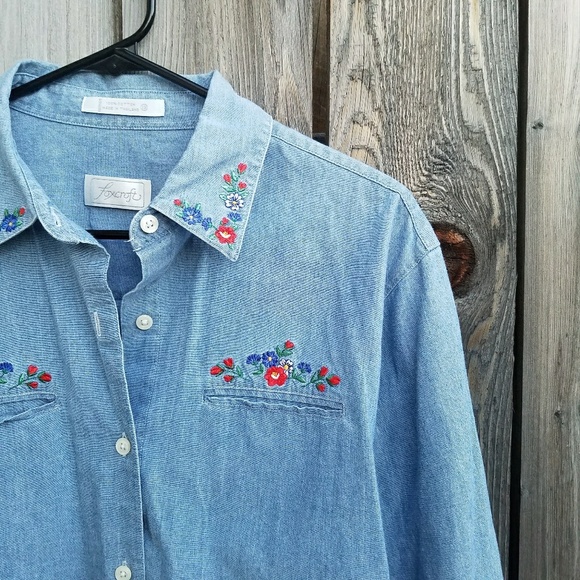 Foxcroft Tops - Foxcroft Floral Embroidered Denim Top