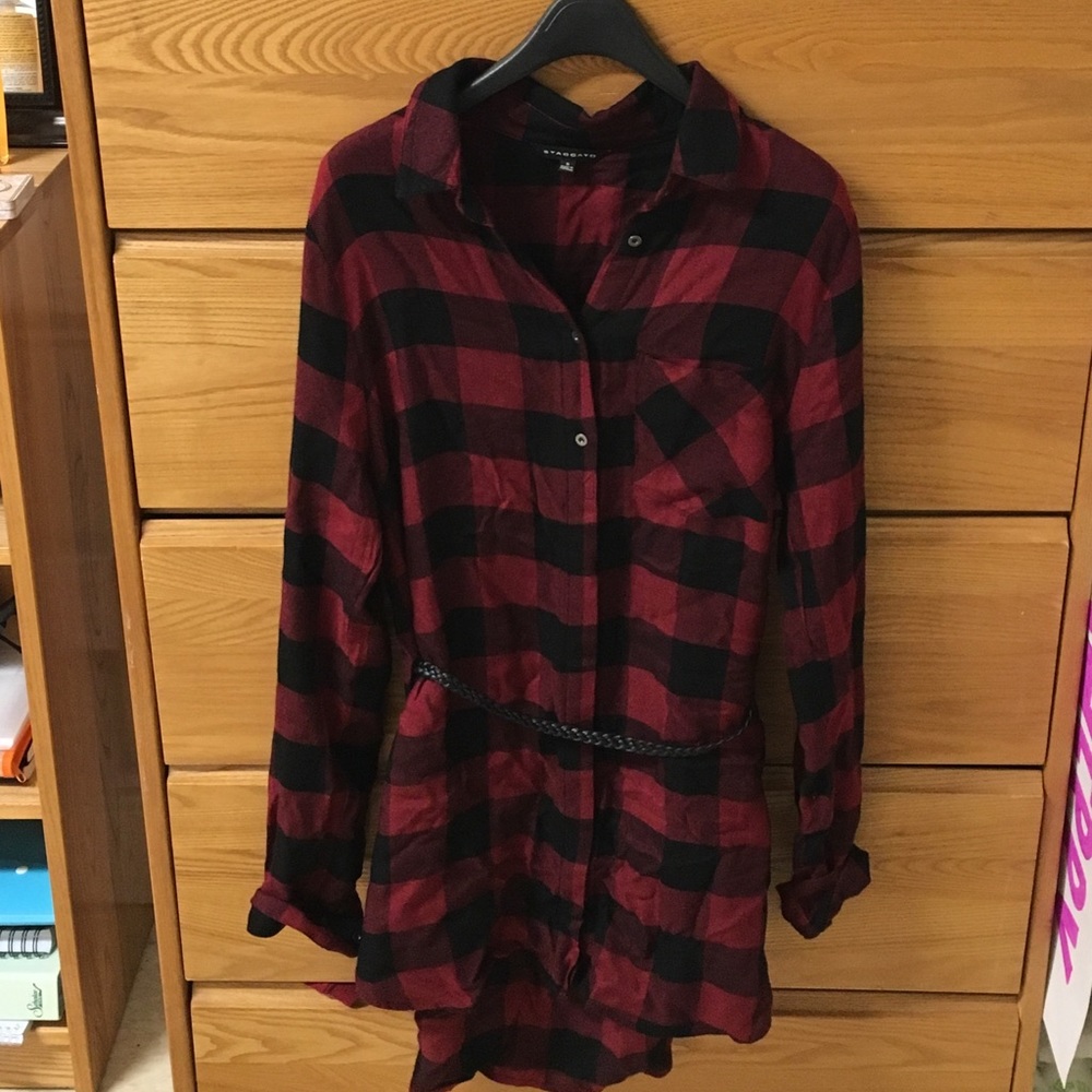 Staccato plaid belted tunic dress