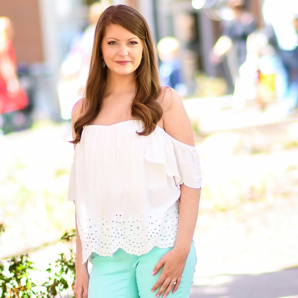 White eyelet off the shoulder top