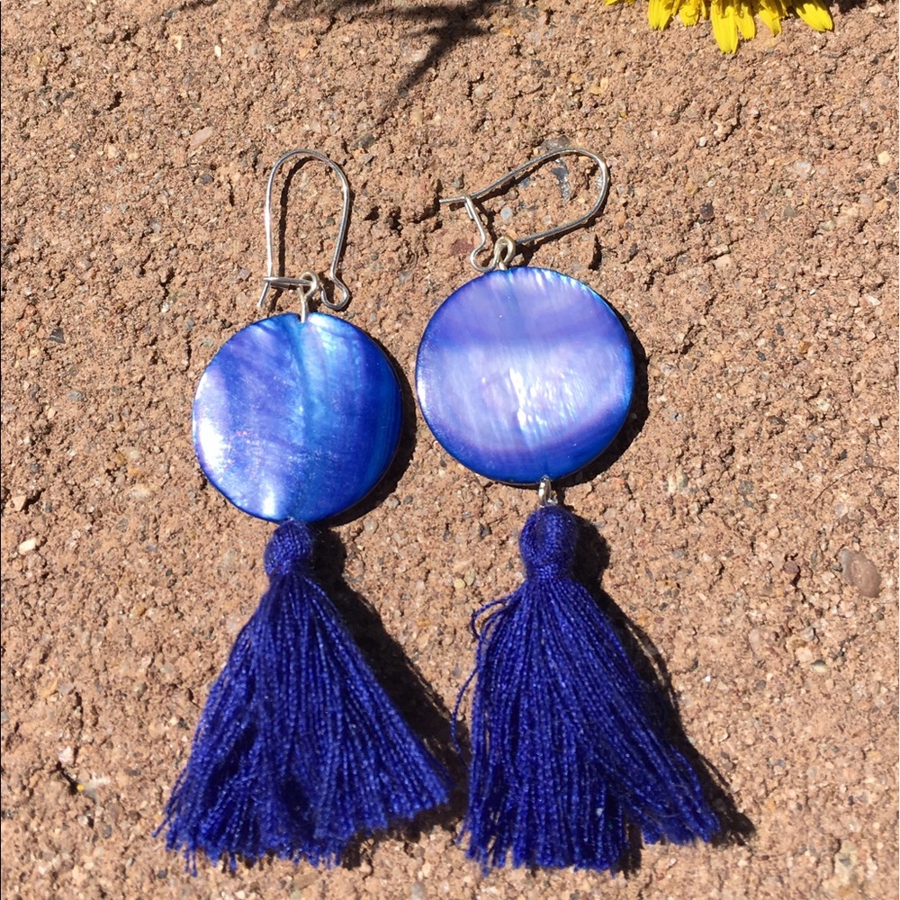 Shiny blue Mop pearl tassels earrings sterling FAB