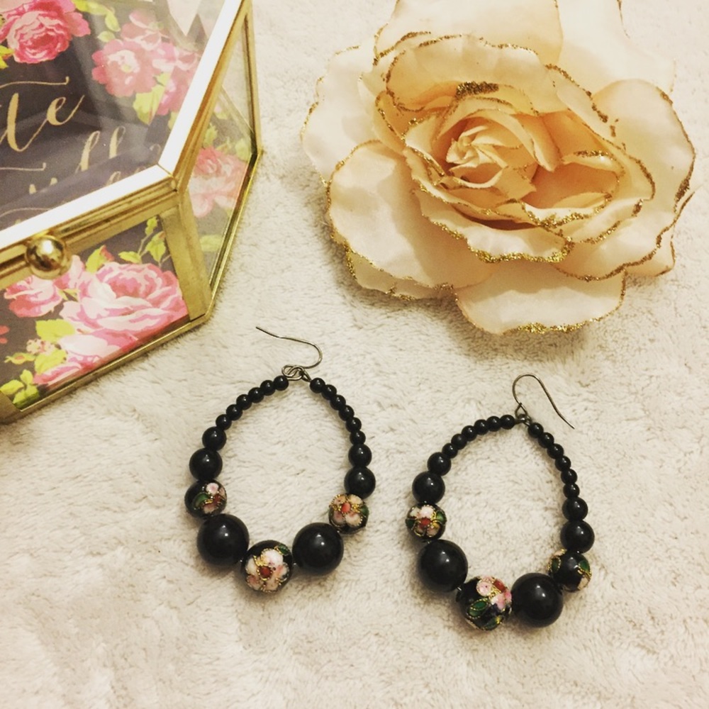 New Arden B Black Floral Hoop Earrings