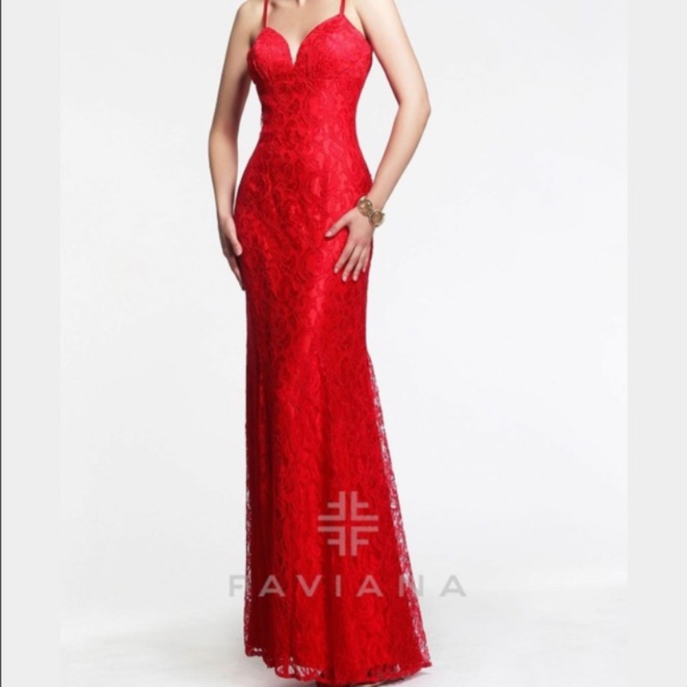 Faviana red lace prom dress