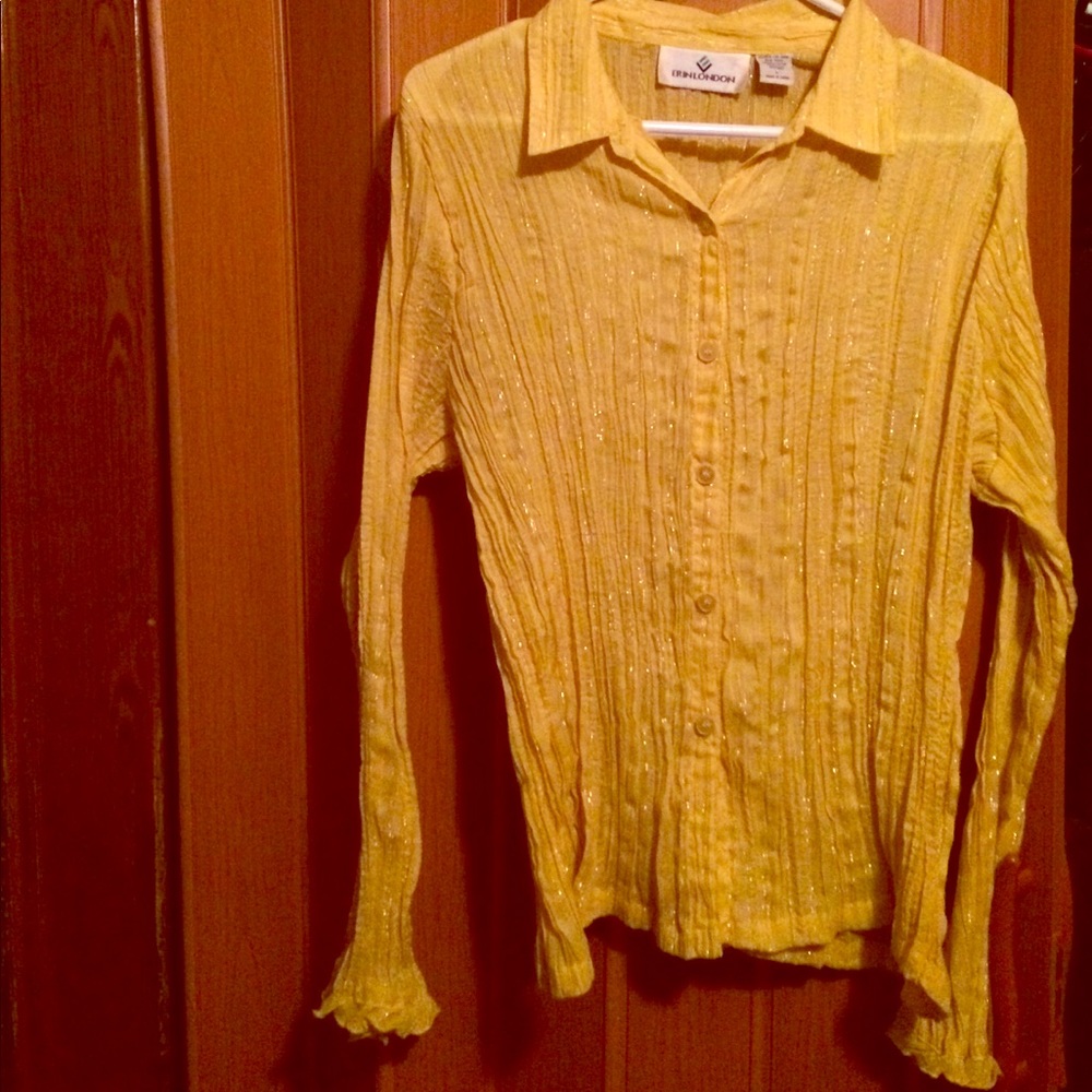 Bright yellow button, long sleeve blouse, sheer