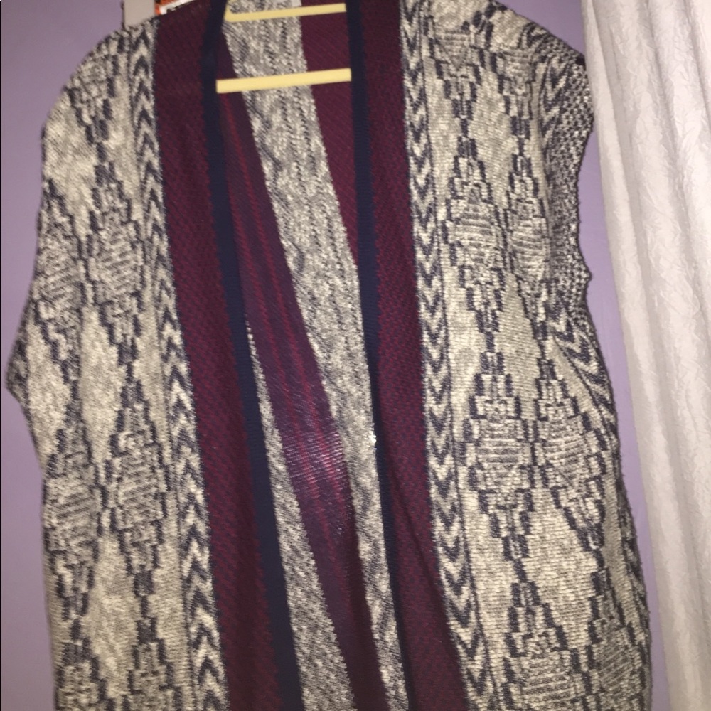 Navy blue, grey and red shirt sleeves sweater