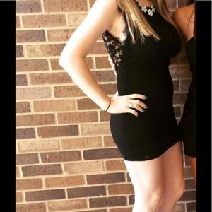 Black open back lace dress