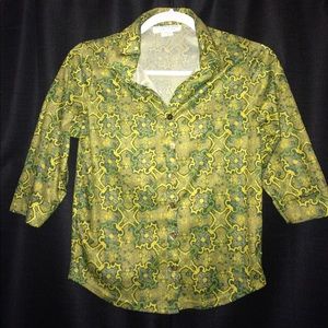 Bright green and yellow 3/4 sleeve button blouse.