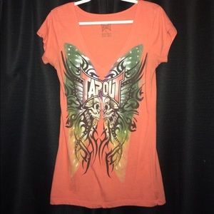 Tapout t-shirt, skulls glitter, orange and green.