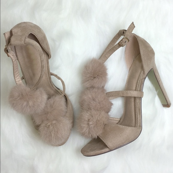 Pom Pom Blush Nude Fur Heel Sandals - Picture 4 of 4
