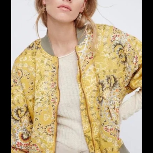 Free People Day Trip Printed Bomber Jacket Gold - Picture 2 of 8