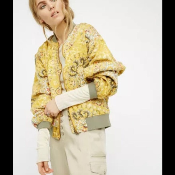 Free People Day Trip Printed Bomber Jacket Gold - Picture 5 of 8