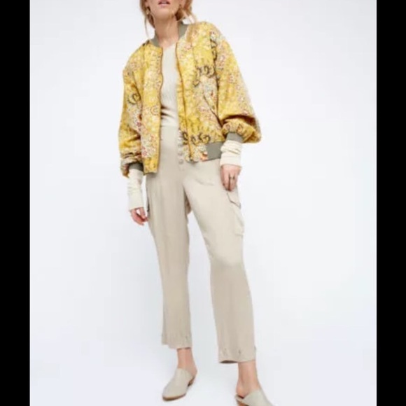 Free People Day Trip Printed Bomber Jacket Gold - Picture 6 of 8