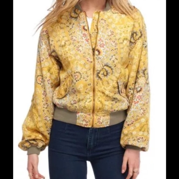 Free People Day Trip Printed Bomber Jacket Gold - Picture 7 of 8