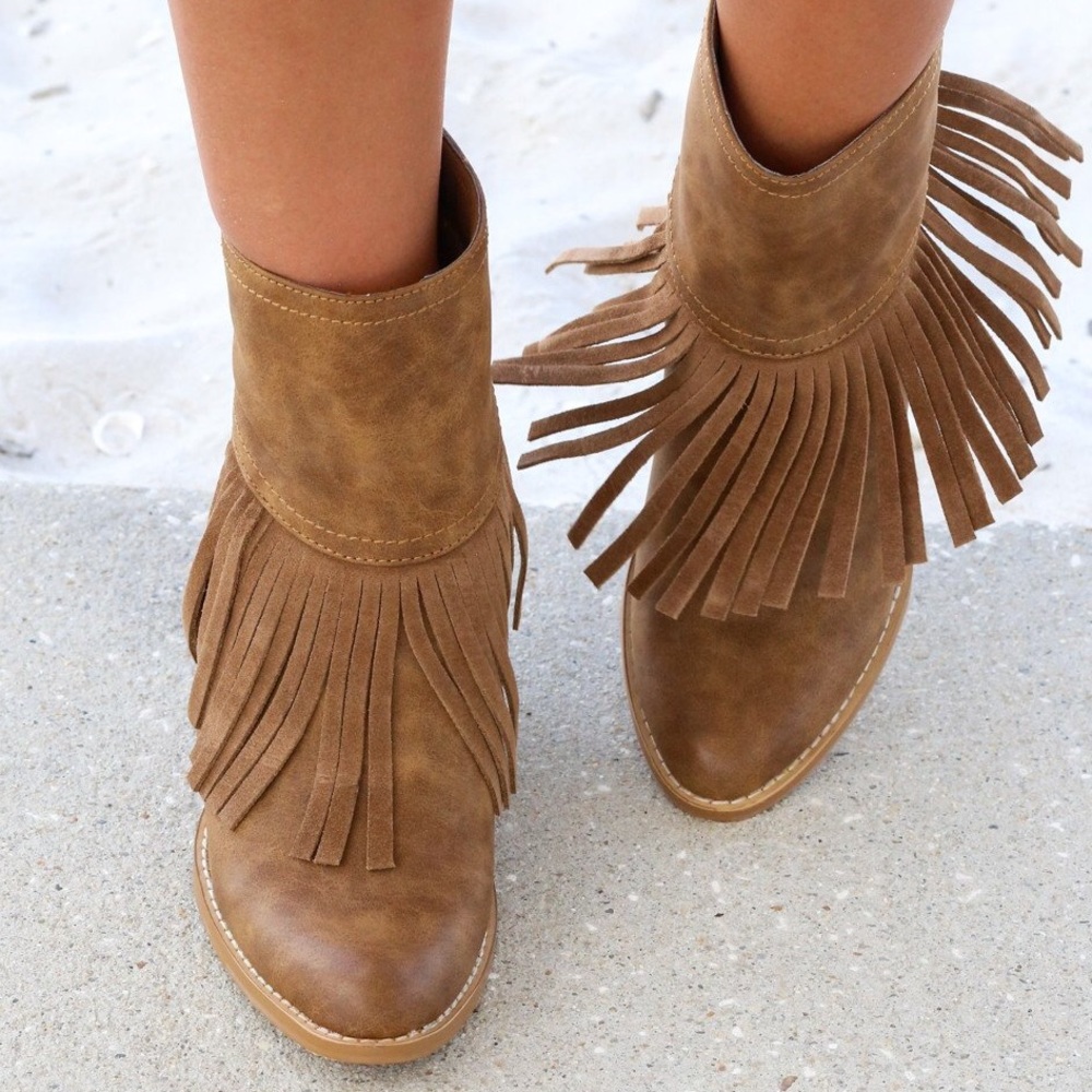 Tan Boho Chic Fringe Tapered Wedge Heel Booties - Picture 3 of 8