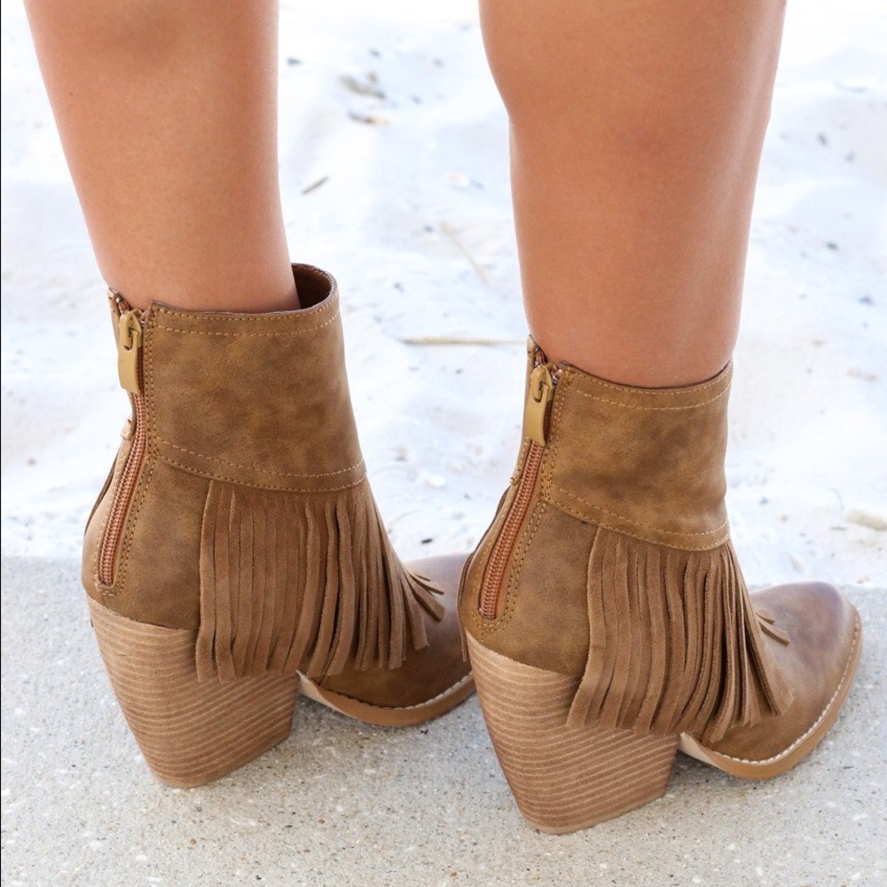 Tan Boho Chic Fringe Tapered Wedge Heel Booties - Picture 4 of 8