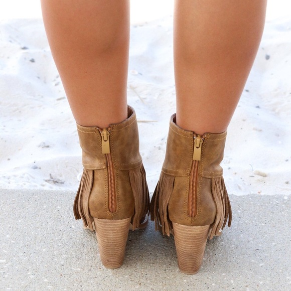 Tan Boho Chic Fringe Tapered Wedge Heel Booties - Picture 5 of 8