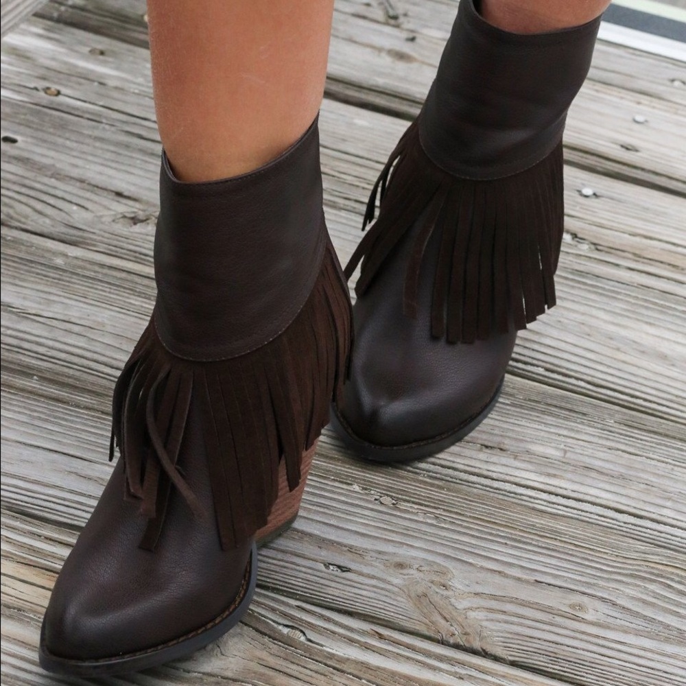 Brown Boho Chic Fringe Tapered Heel Ankle Booties - Picture 1 of 4