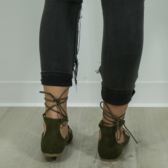 Military Green Lace Up Ballet Flats - Picture 3 of 3